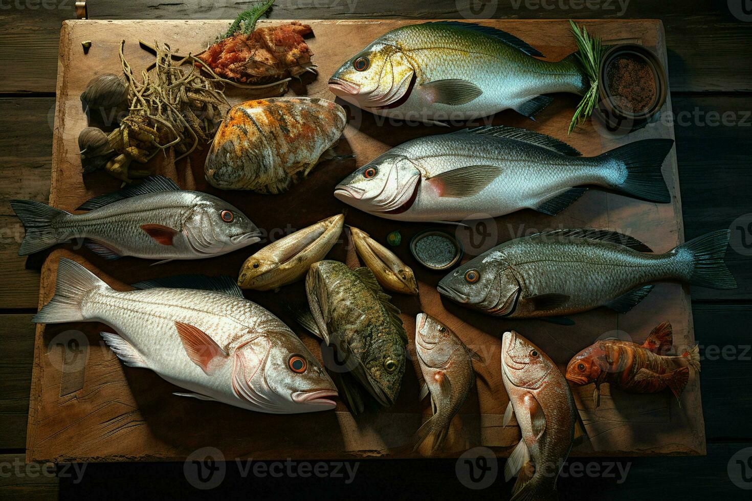 Assortment of fresh fish on a wooden background. Top view. ai generated pro photo