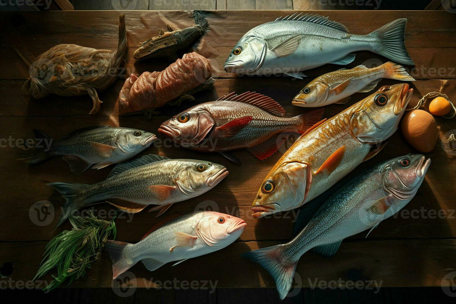 Assortment of fresh fish on a wooden background. Top view. ai generated pro photo