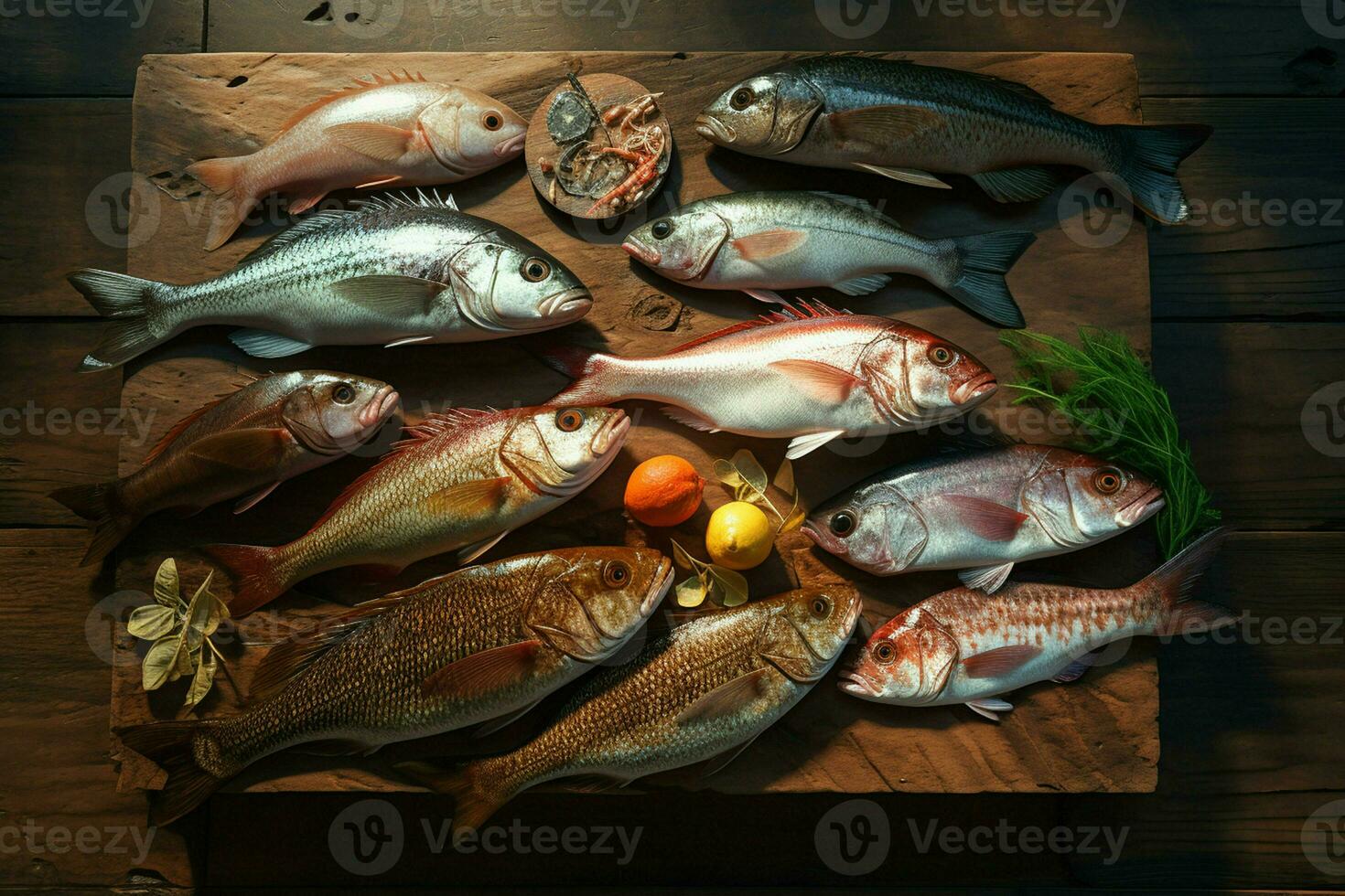 Assortment of fresh fish on a wooden background. Top view. ai generated pro photo