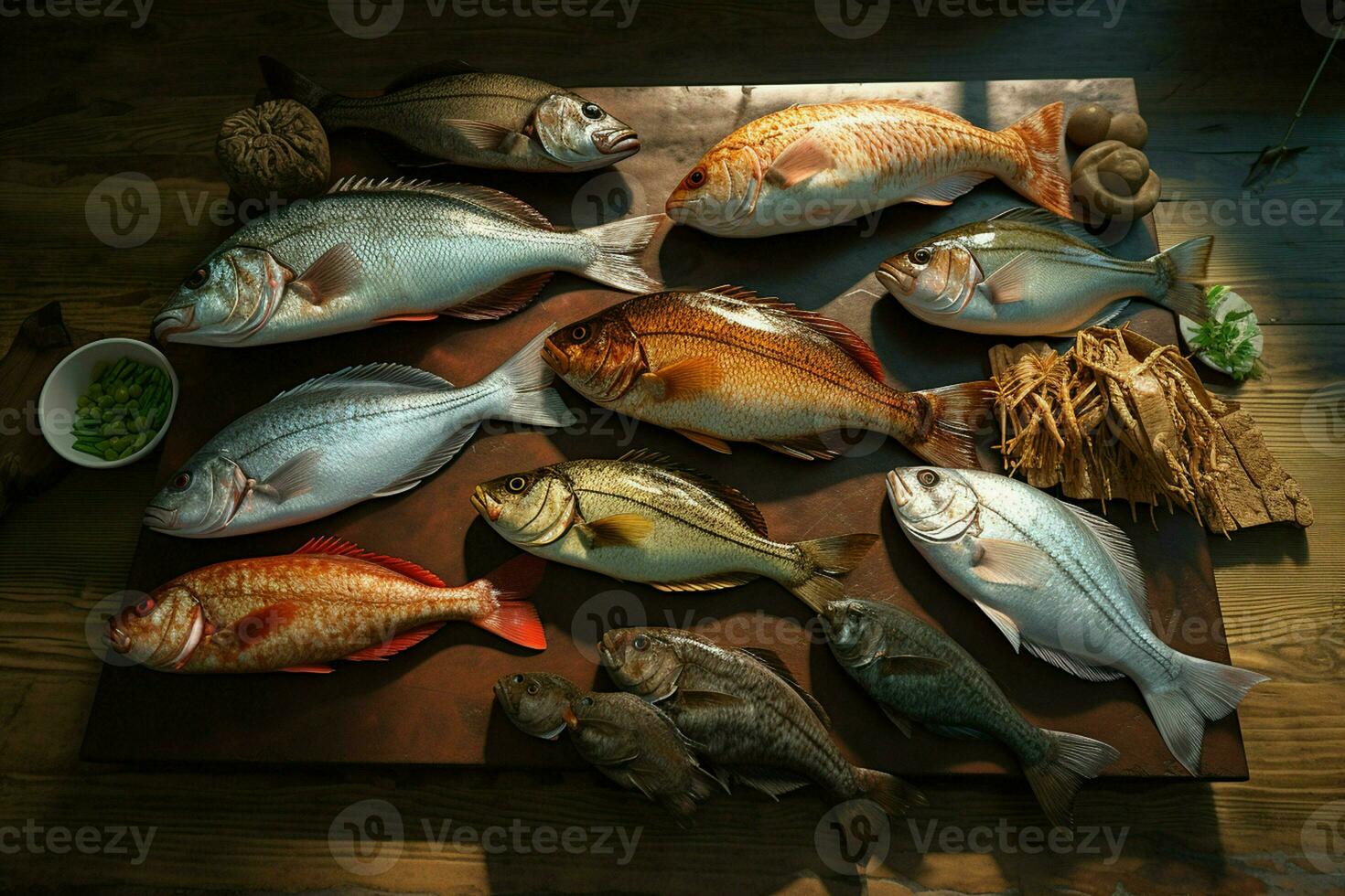 Assortment of fresh fish on a wooden background. Top view. ai generated pro photo