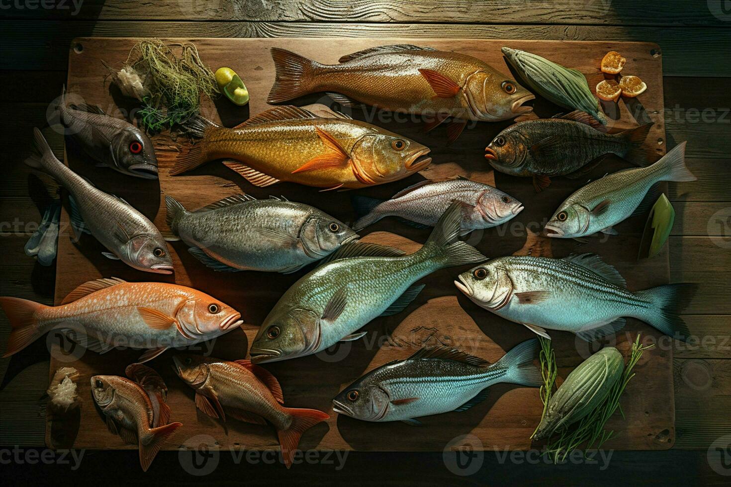 Assortment of fresh fish on a wooden background. Top view. ai generated pro photo