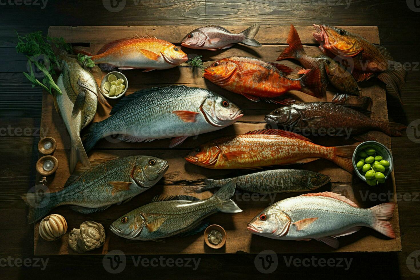 Assortment of fresh fish on a wooden background. Top view. ai generated pro photo