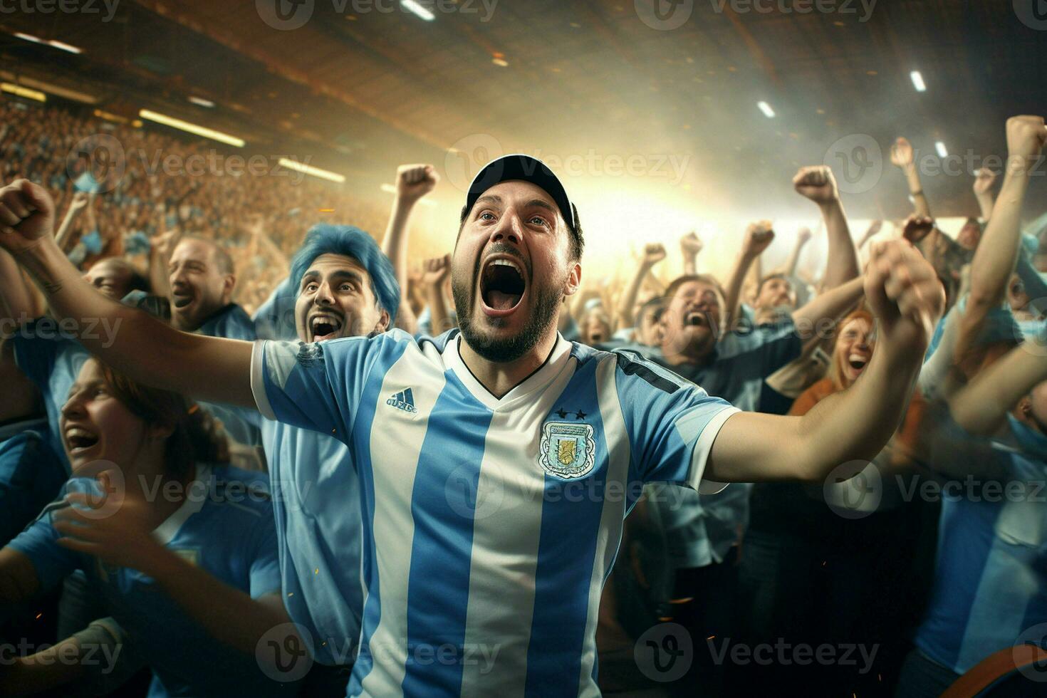 emocionado argentina fútbol americano aficionados aplausos para su equipo durante un juego a estadio. ai generado Pro foto