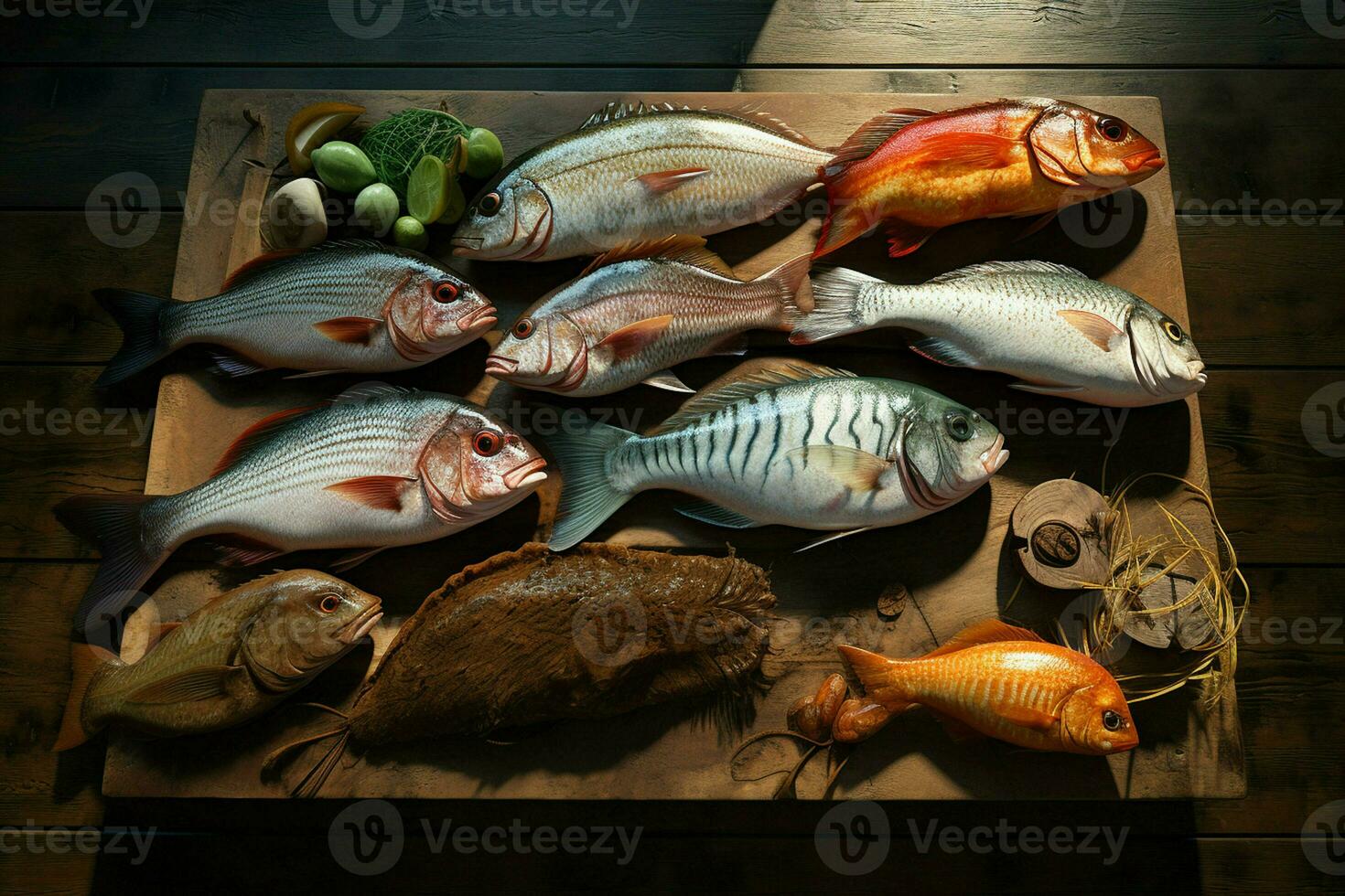 Assortment of fresh fish on a wooden background. Top view. ai generated pro photo