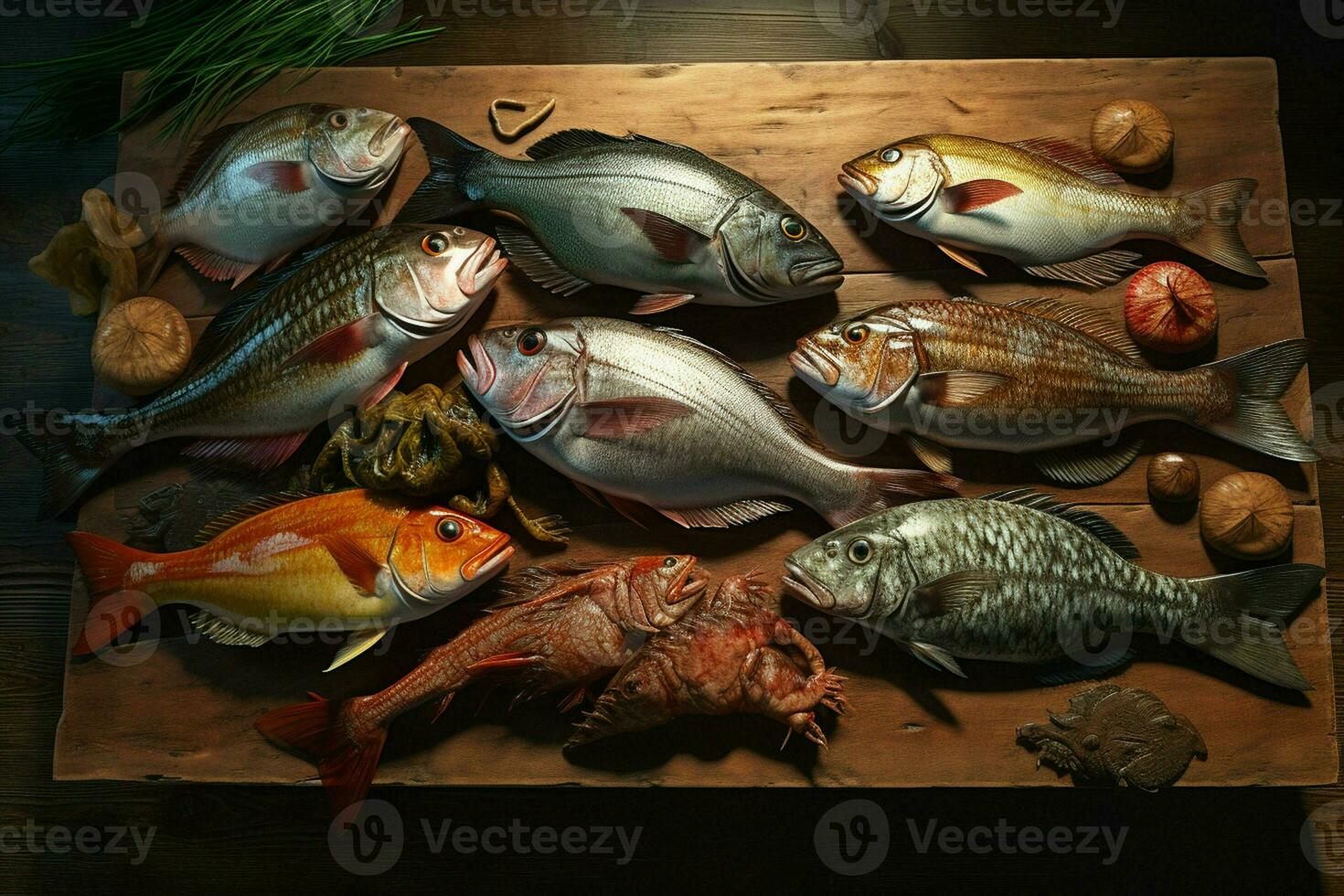 Assortment of fresh fish on a wooden background. Top view. ai generated pro photo