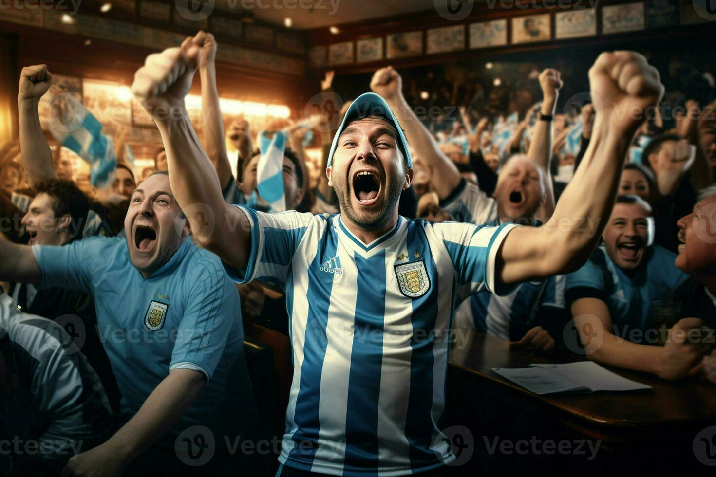 Excited Argentina football fans cheering for their team during a game at stadium. ai generated pro photo