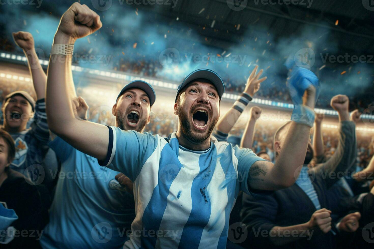 emocionado argentina fútbol americano aficionados aplausos para su equipo durante un juego a estadio. ai generado Pro foto