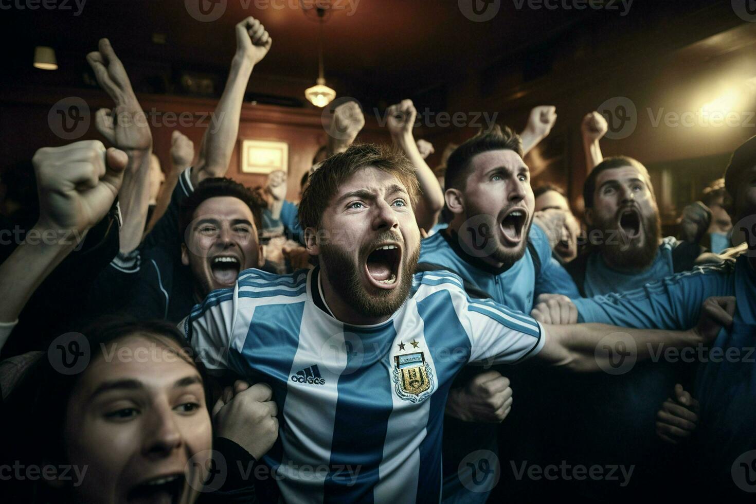 emocionado argentina fútbol americano aficionados aplausos para su equipo durante un juego a estadio. ai generado Pro foto