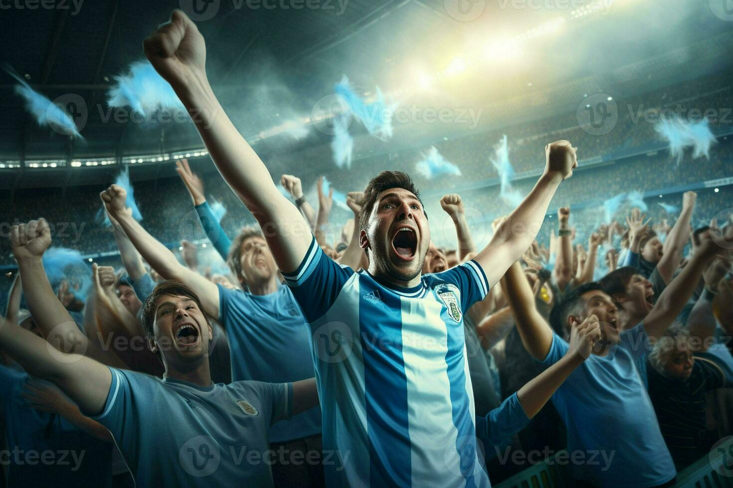 Excited Argentina football fans cheering for their team during a game at stadium. ai generated pro photo