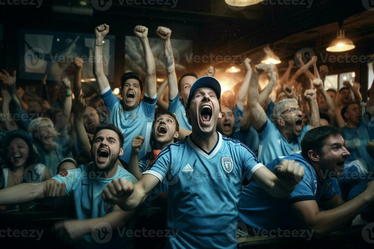 Excited Argentina football fans cheering for their team during a game at stadium. ai generated pro photo