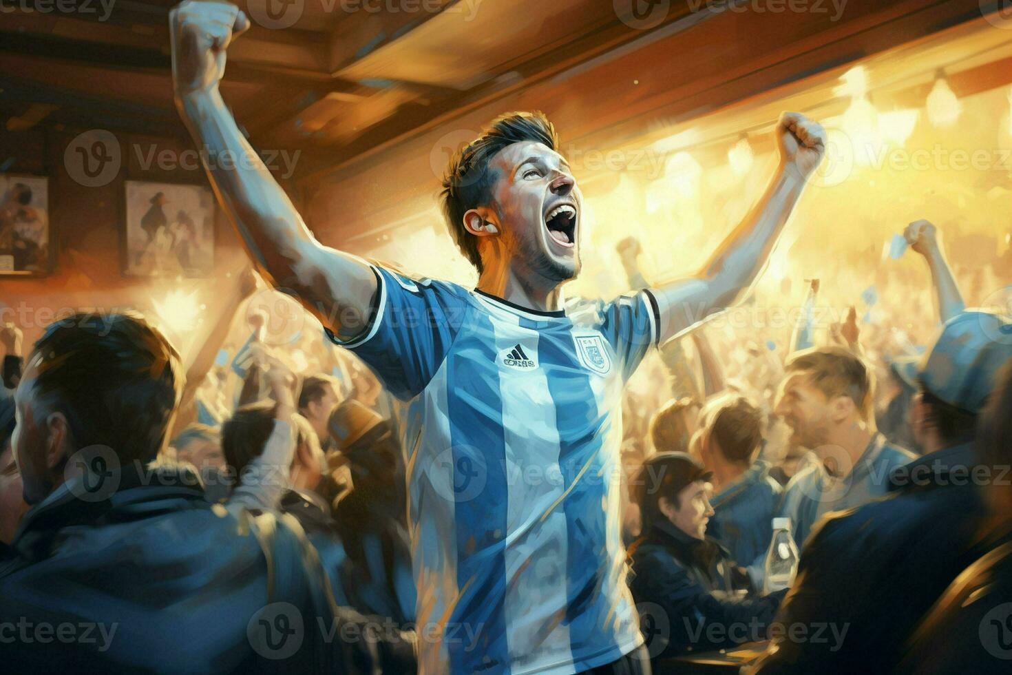 Excited Argentina football fans cheering for their team during a game at stadium. ai generated pro photo