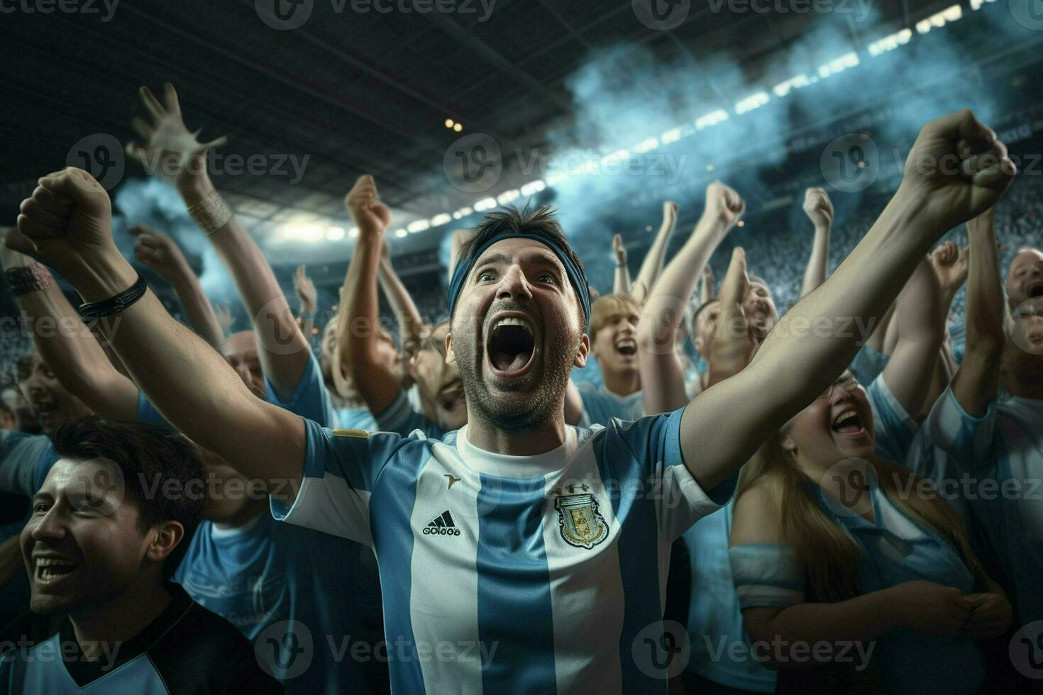 Excited Argentina football fans cheering for their team during a game at stadium. ai generated pro photo