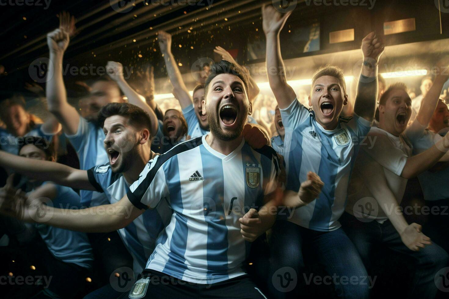 emocionado argentina fútbol americano aficionados aplausos para su equipo durante un juego a estadio. ai generado Pro foto