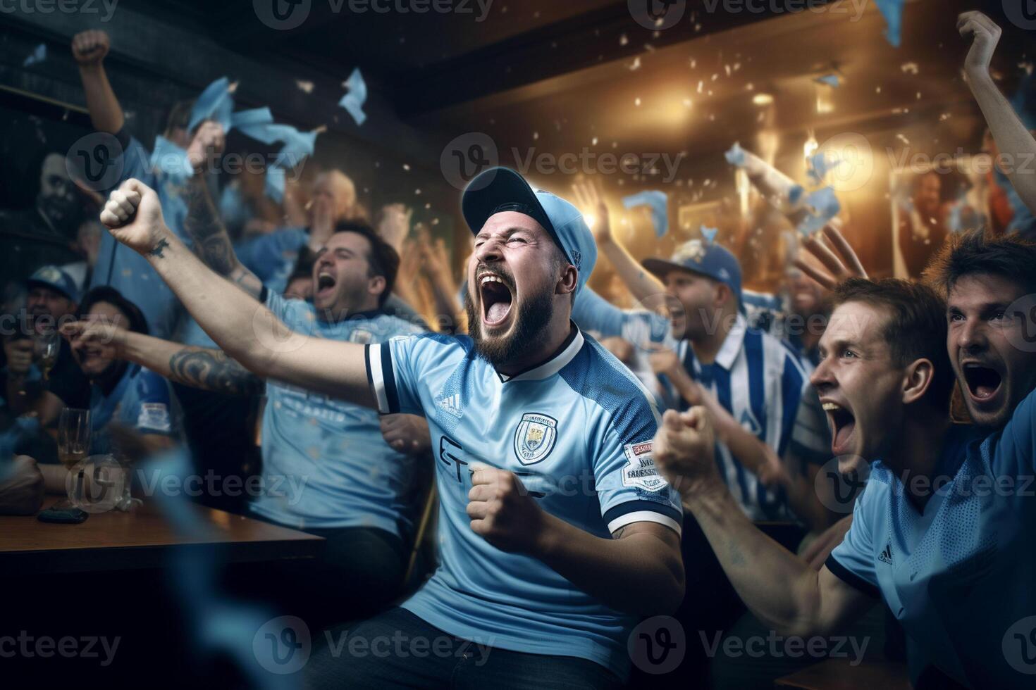 Excited Argentina football fans cheering for their team during a game at stadium. ai generated pro photo