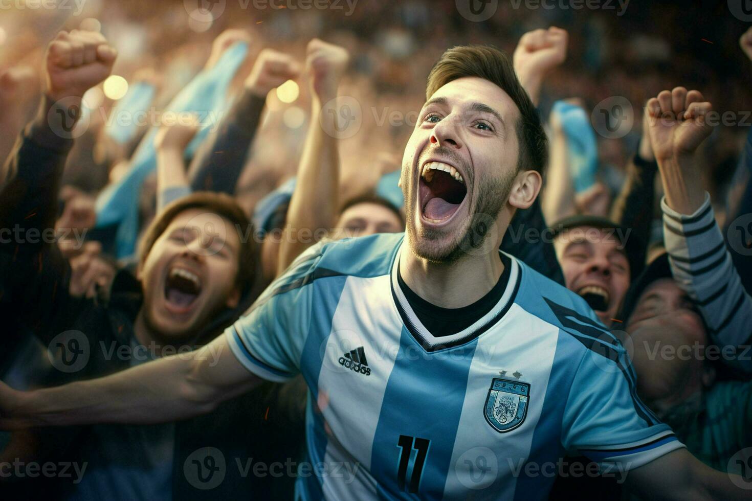 Excited Argentina football fans cheering for their team during a game at stadium. ai generated pro photo