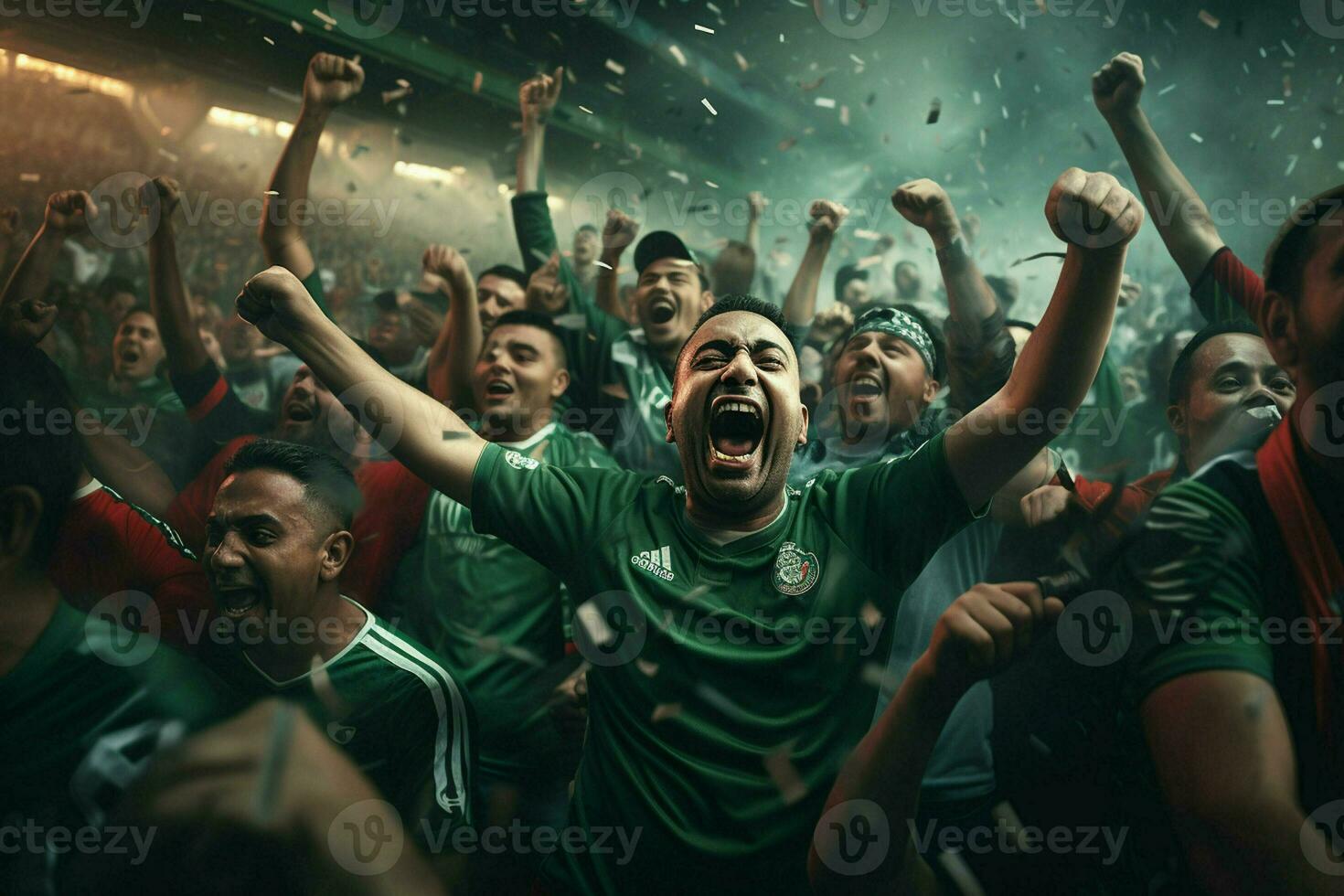 Excited Bangladesh football fans cheering for their team during a game at stadium. ai generated pro photo