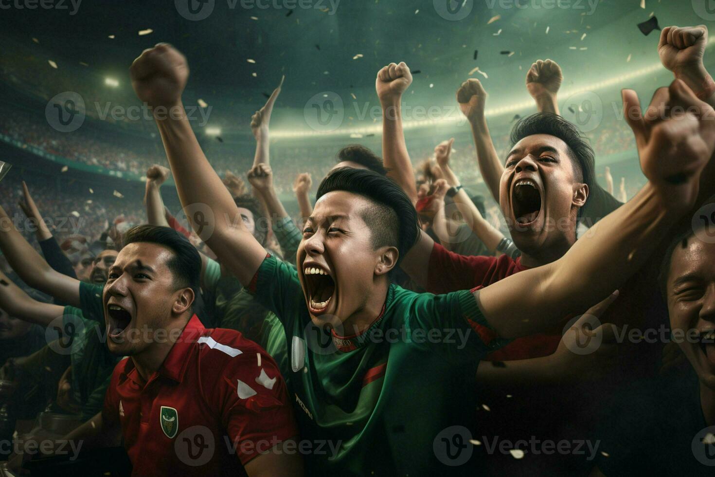 Excited Bangladesh football fans cheering for their team during a game at stadium. ai generated pro photo