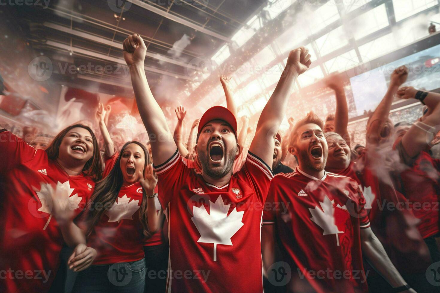 Excited Canada football fans cheering for their team during a game at stadium. ai generated pro photo