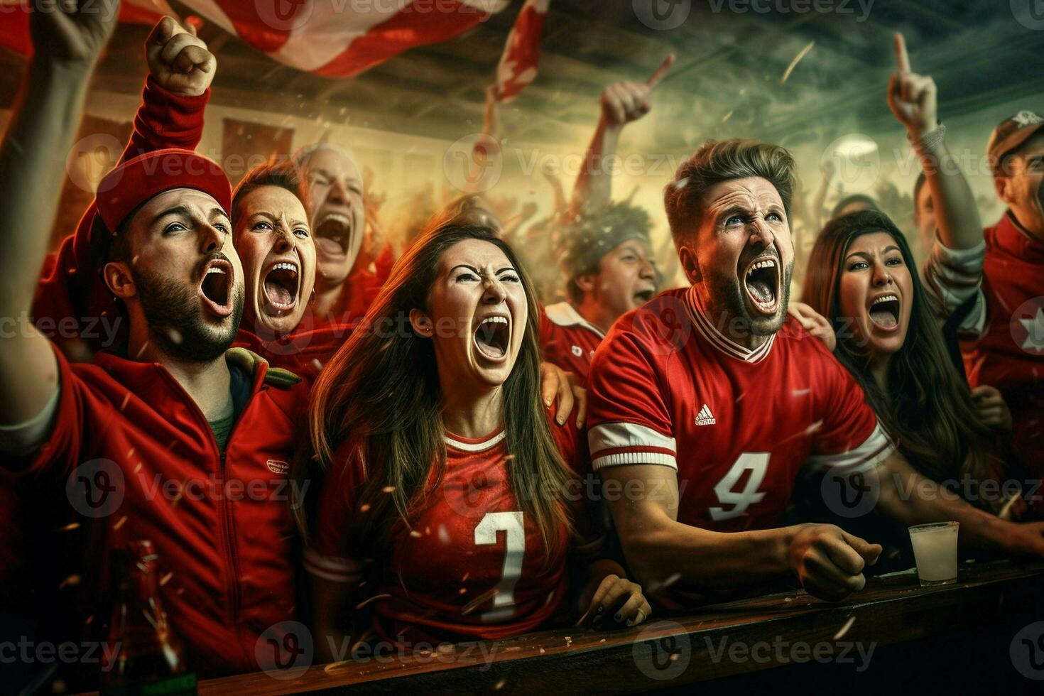 emocionado Canadá fútbol americano aficionados aplausos para su equipo durante un juego a estadio. ai generado Pro foto