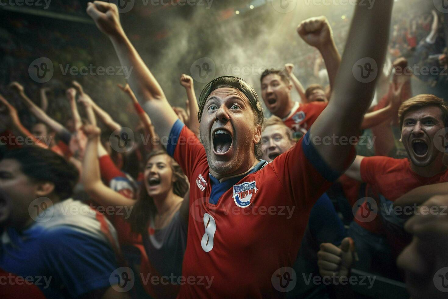 Excited Costarica football fans cheering for their team during a game at stadium. ai generated pro photo
