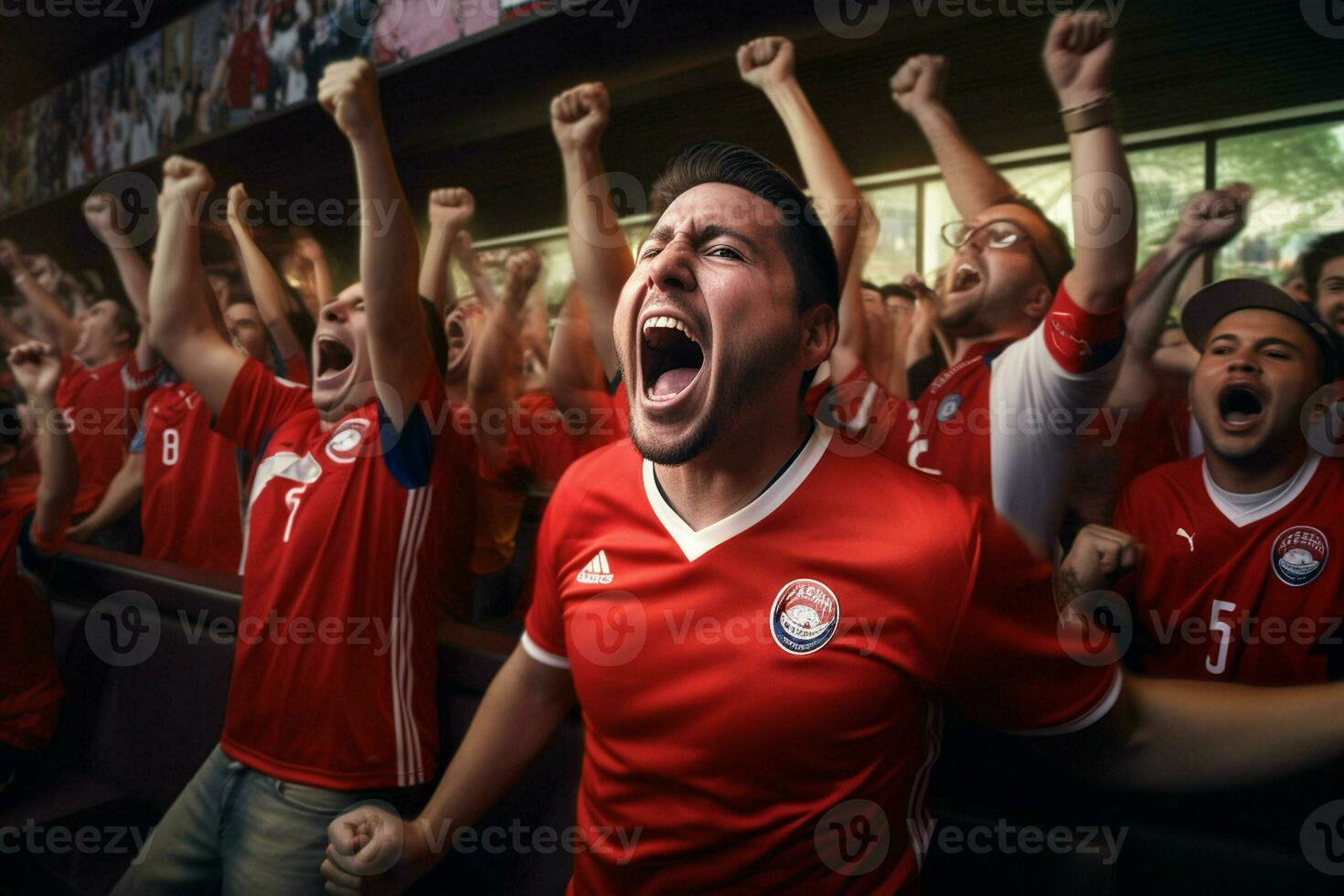 emocionado Costa Rica fútbol americano aficionados aplausos para su equipo durante un juego a estadio. ai generado Pro foto