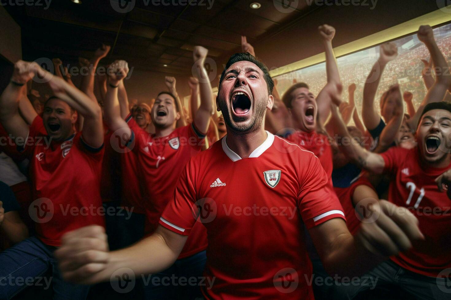 Excited Costarica football fans cheering for their team during a game at stadium. ai generated pro photo