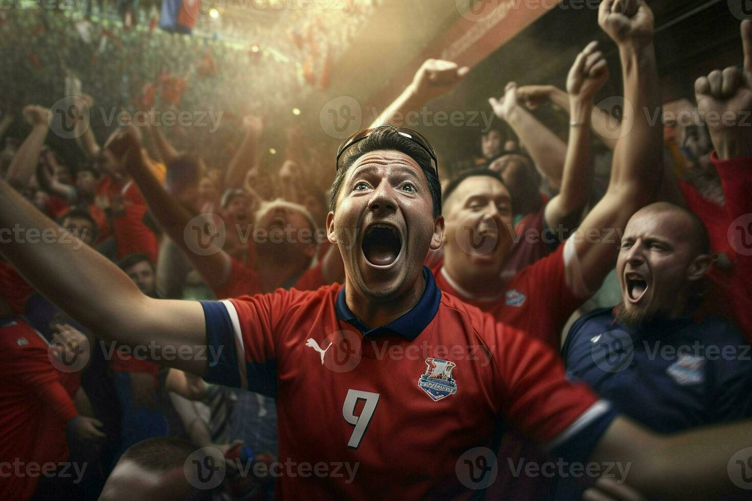 Excited Costarica football fans cheering for their team during a game at stadium. ai generated pro photo