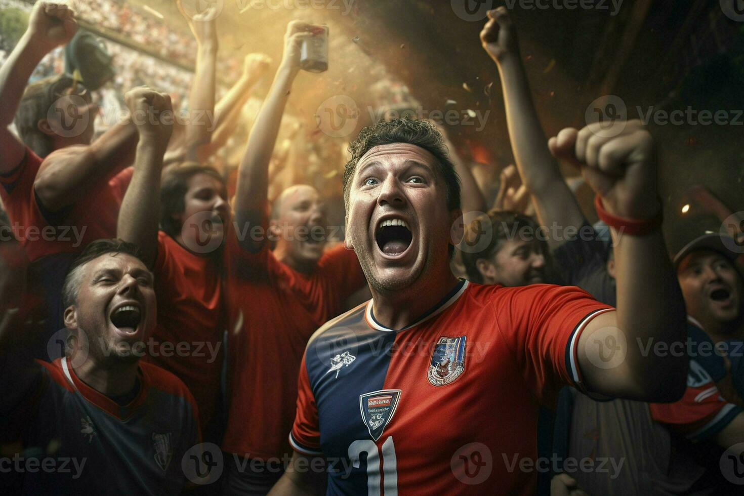 Excited Costarica football fans cheering for their team during a game at stadium. ai generated pro photo