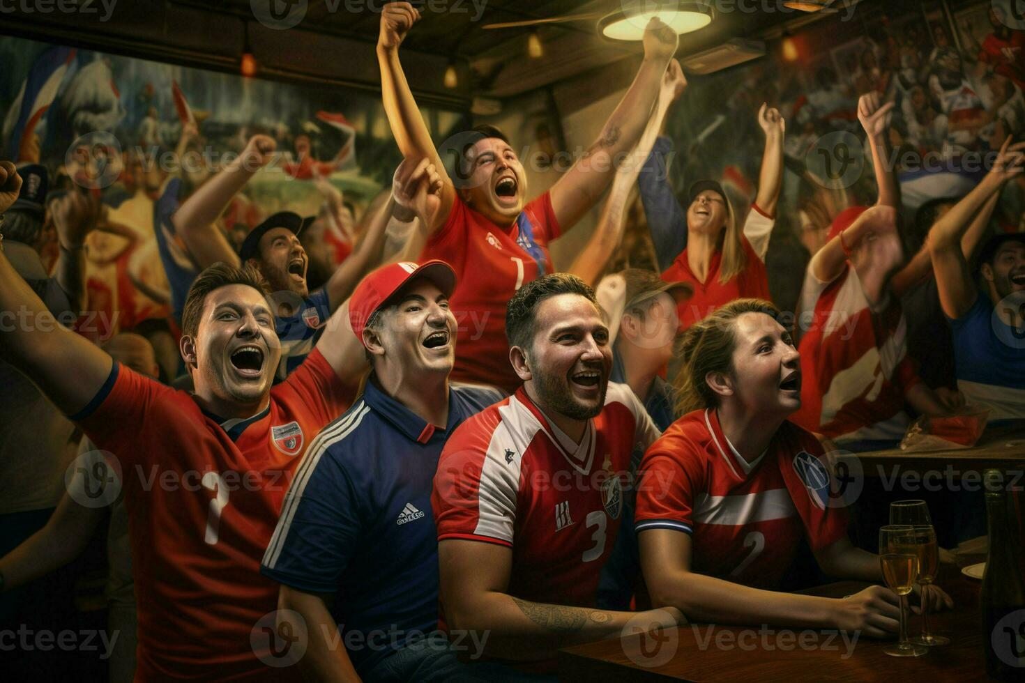 Excited Costarica football fans cheering for their team during a game at stadium. ai generated pro photo