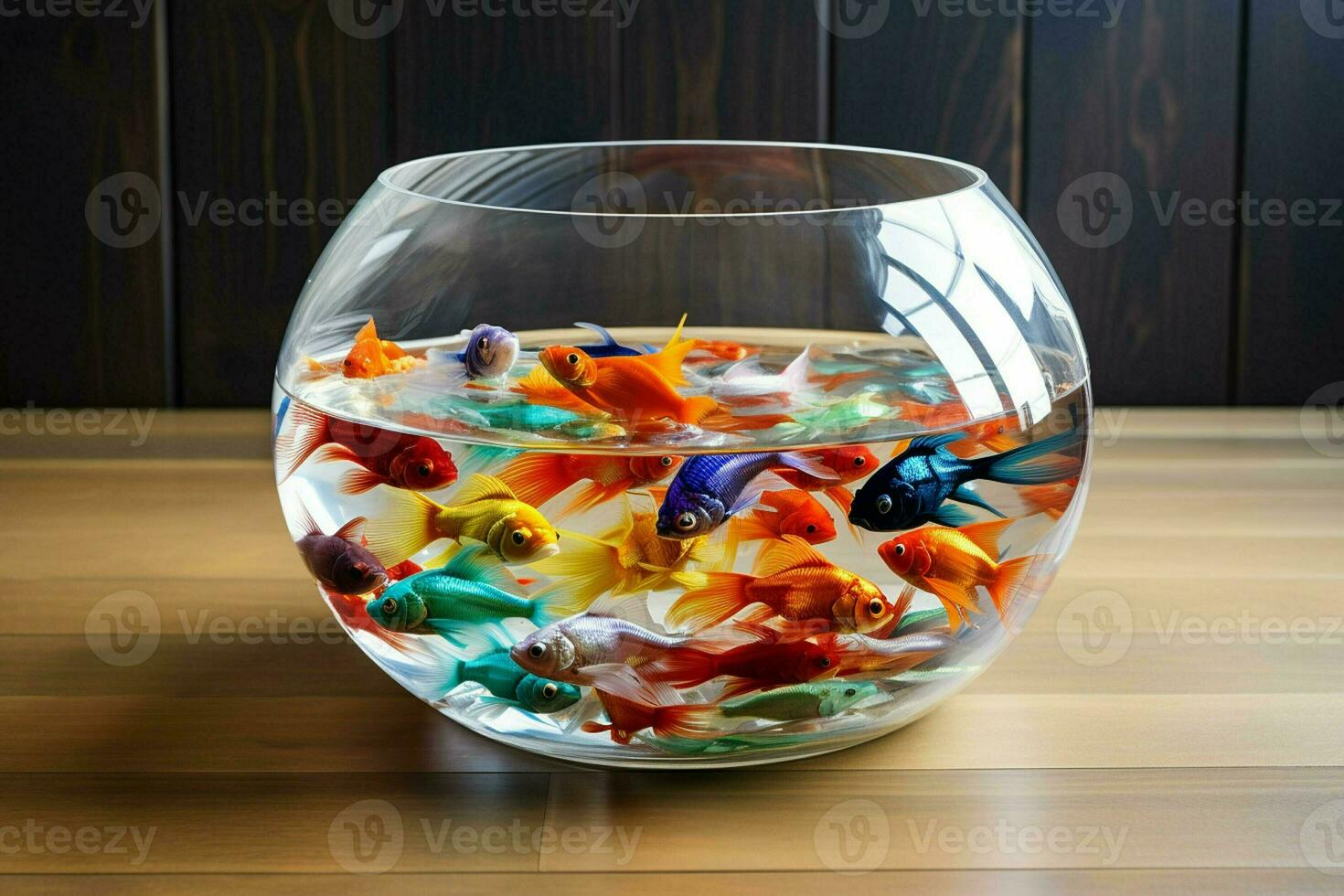 Goldfish in a round glass aquarium on a wooden table in the room. ai generated pro photo