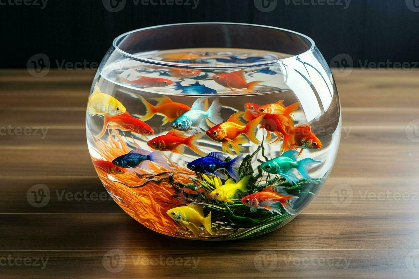 Goldfish in a round glass aquarium on a wooden table in the room. ai generated pro photo