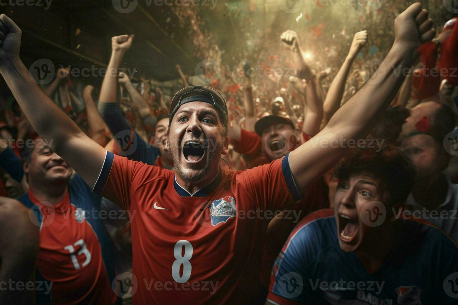 Excited Costarica football fans cheering for their team during a game at stadium. ai generated pro photo