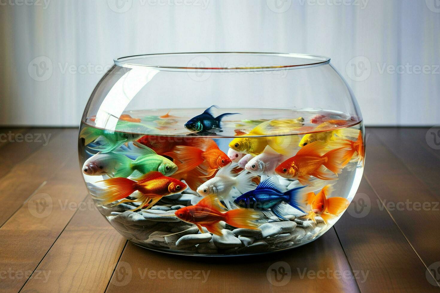 Goldfish in a round glass aquarium on a wooden table in the room. ai generated pro photo