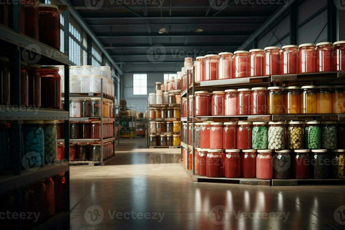 Large warehouse with containers full of canned food. 3d rendering toned image. ai generated pro photo