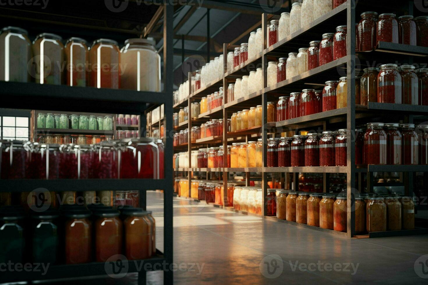 Large warehouse with containers full of canned food. 3d rendering toned image. ai generated pro photo