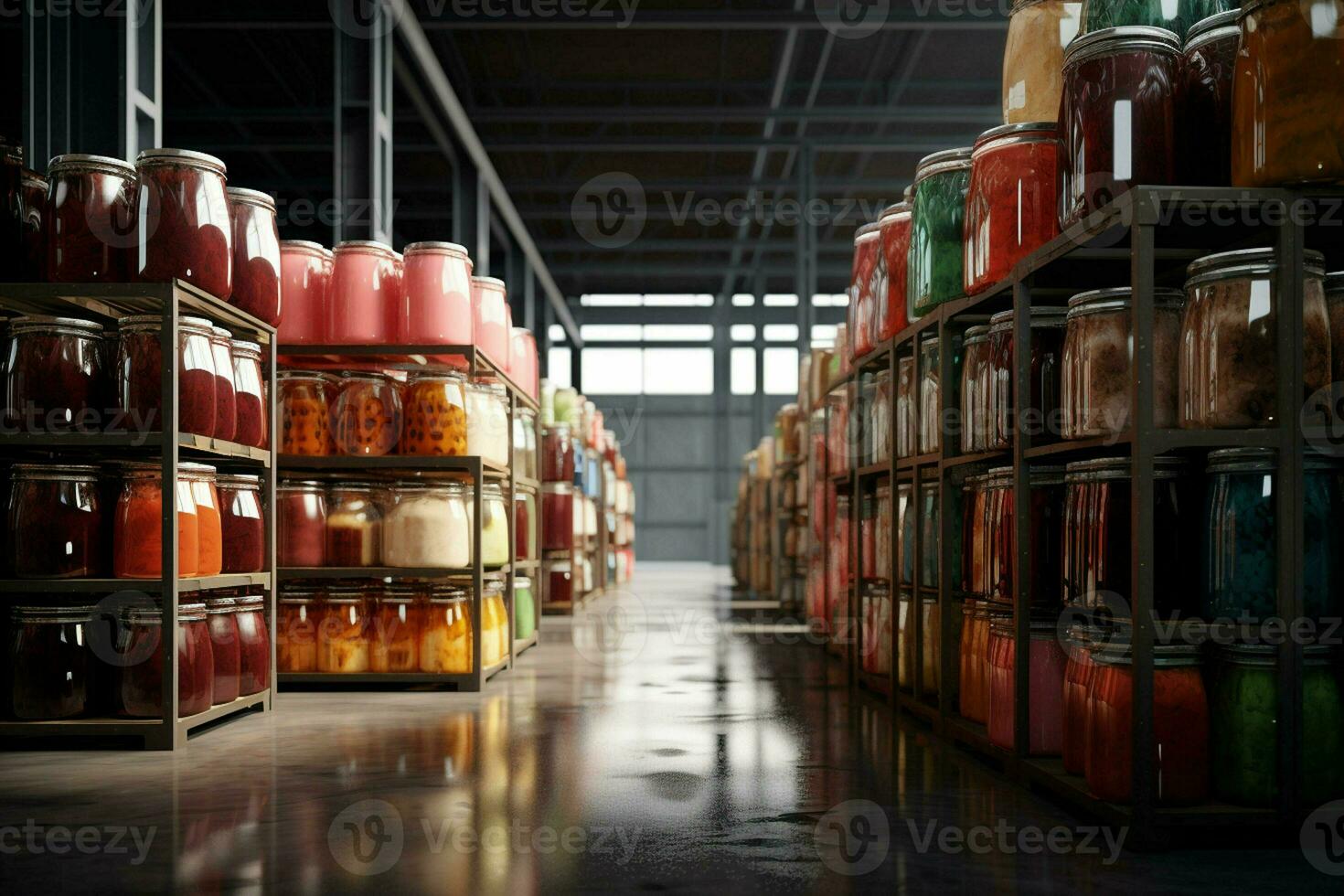 Large warehouse with containers full of canned food. 3d rendering toned image. ai generated pro photo