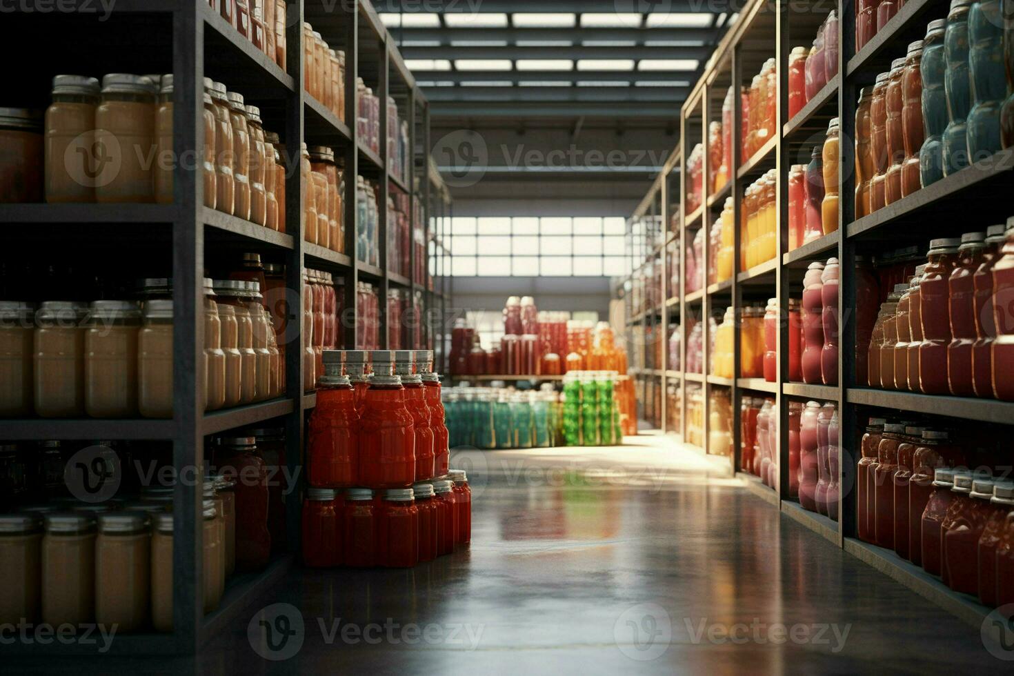 Large warehouse with containers full of canned food. 3d rendering toned image. ai generated pro photo