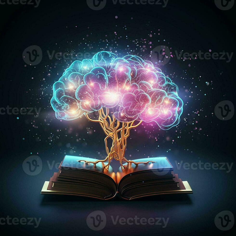 Open book with glowing brain tree on dark background. ai generated pro photo