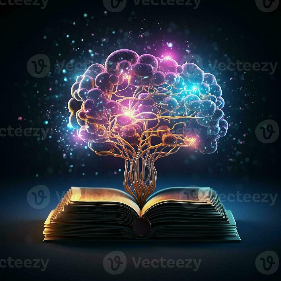 Open book with glowing brain tree on dark background. ai generated pro photo