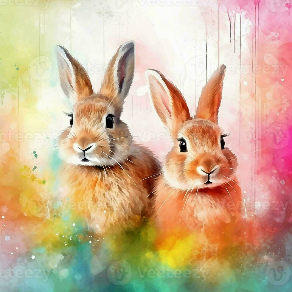 Two cute rabbits on a blue background. Digital watercolor painting. ai generated pro photo