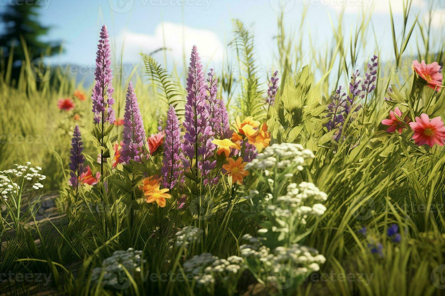 Flower meadow with lupins and daisies. ai generated pro photo