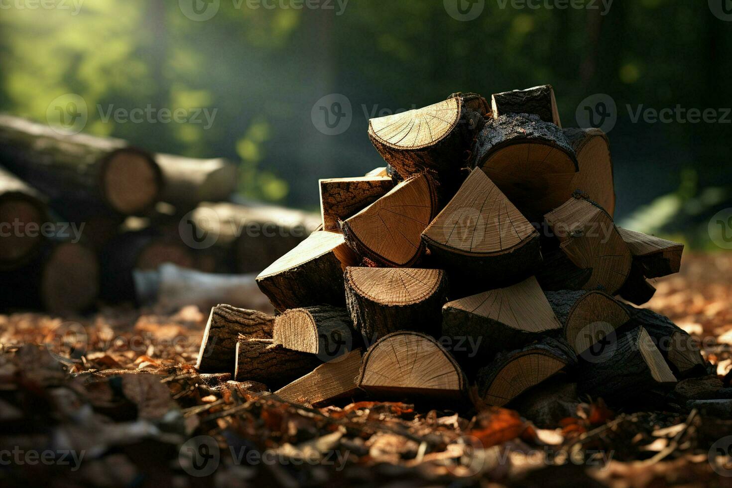 pila de Cortado leña en de madera mesa, de cerca vista. ai generado Pro foto