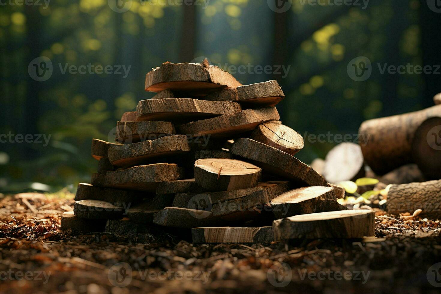 Pile of chopped firewood on wooden table, closeup view. ai generated pro photo