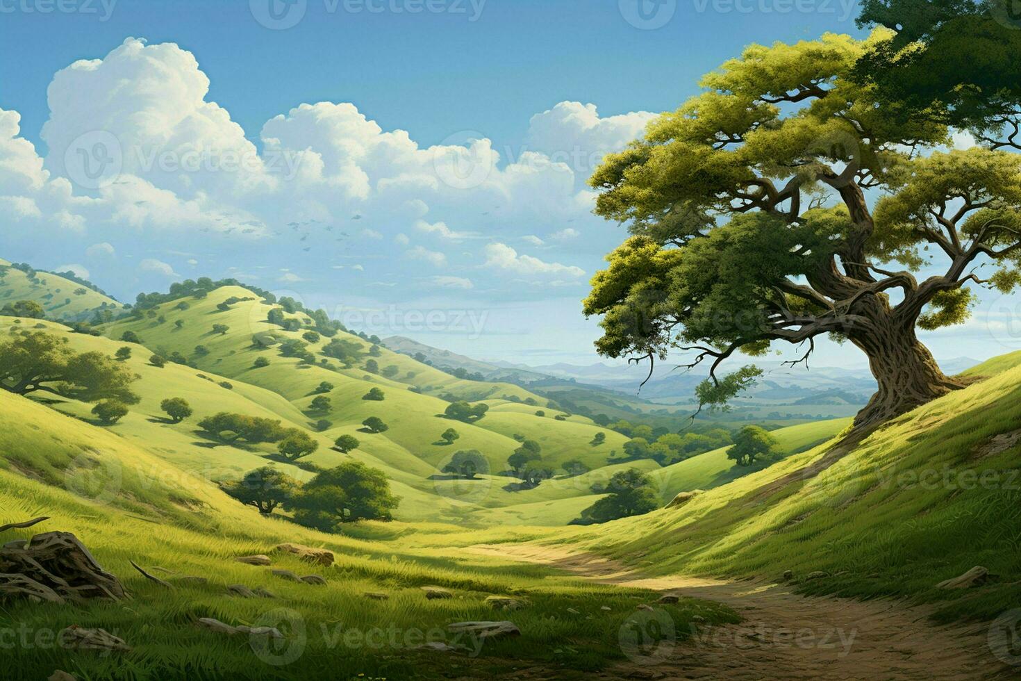 Green tea plantation landscape with trees and blue sky. Nature background. ai generated pro photo