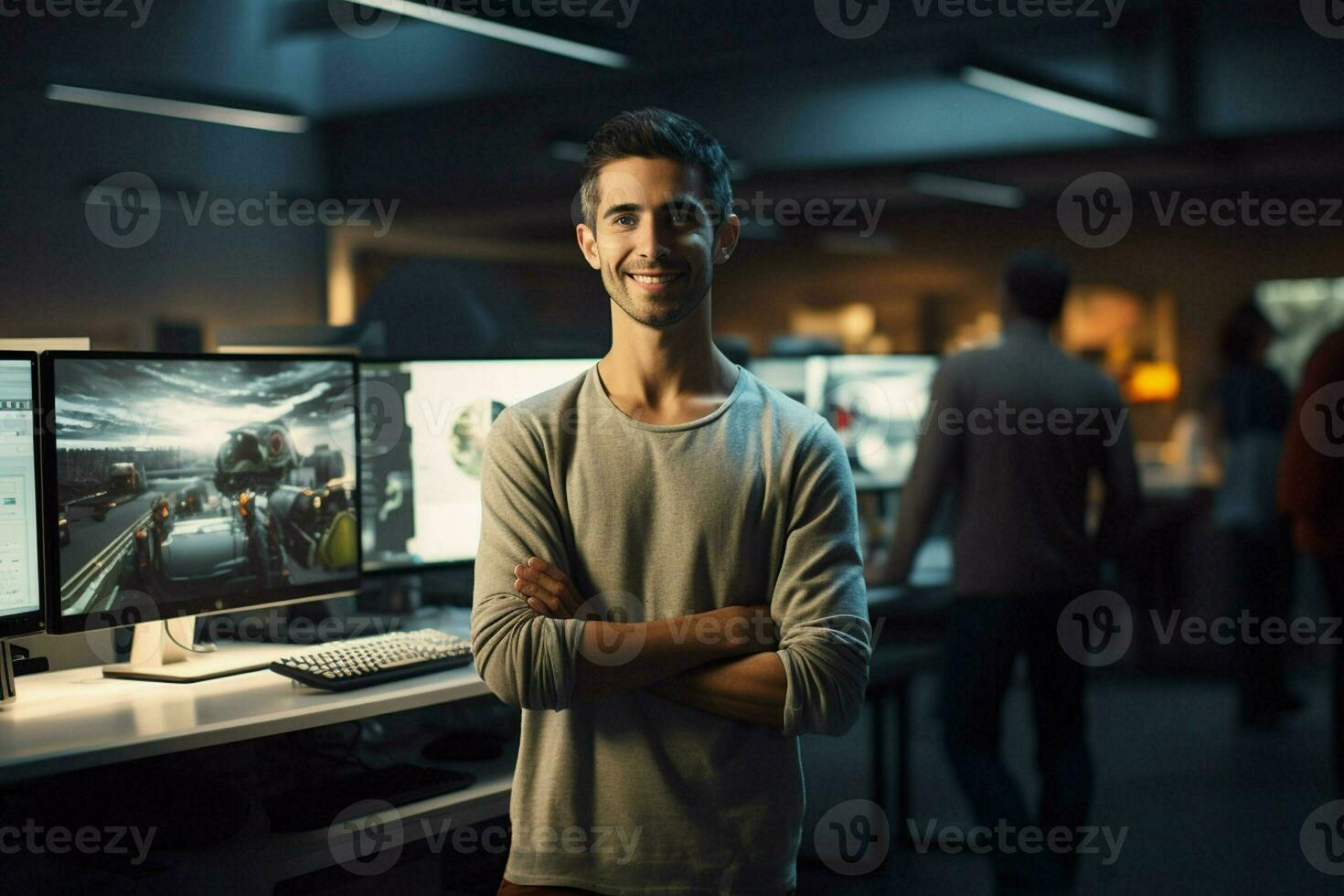 Portrait of confident businessman standing in front of computer monitors in office. ai generated pro photo