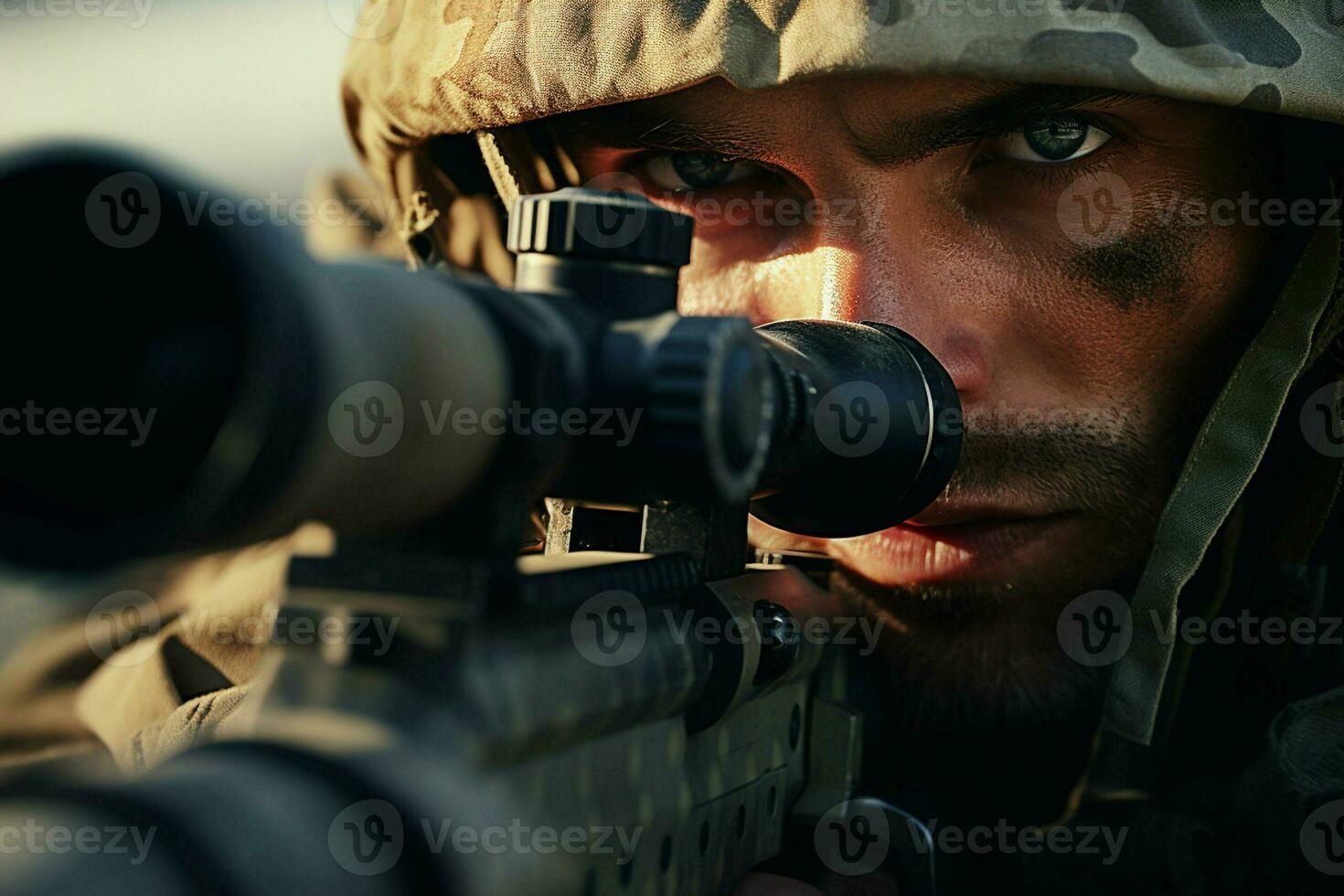 Close-up of a soldier with assault rifle. Selective focus. ai generated pro photo