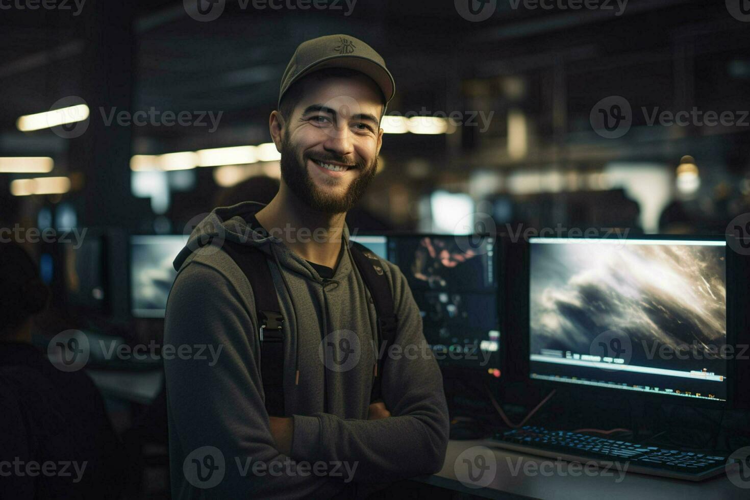 retrato de confidente empresario en pie en frente de computadora monitores en oficina. ai generado Pro foto