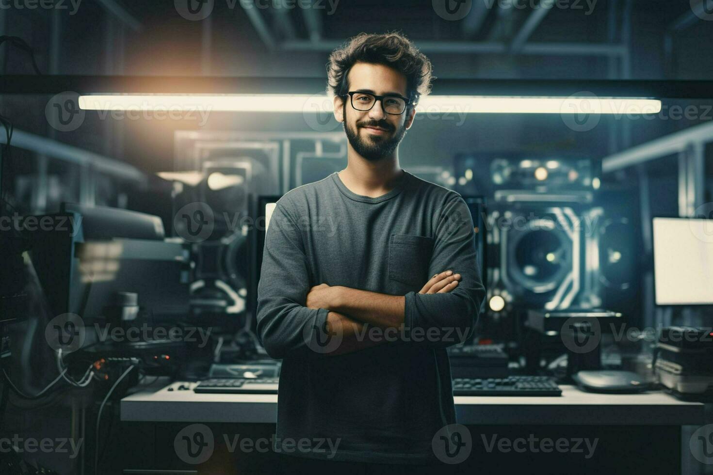 Portrait of confident businessman standing in front of computer monitors in office. ai generated pro photo