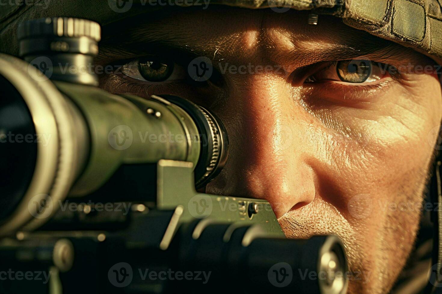 Close-up of a soldier with assault rifle. Selective focus. ai generated pro photo