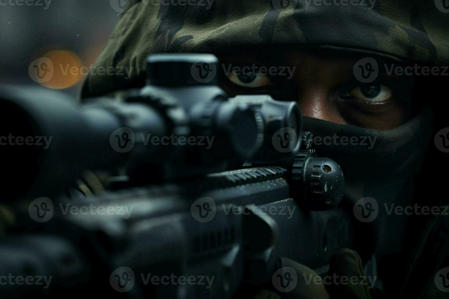 Close-up of a soldier with assault rifle. Selective focus. ai generated pro photo